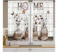 Famiffty Rusitc Farmhouse Cotton Kitchen Curtains 27.5W X 39L Inch 2 Panels Rod Pocket Country Retro Wood Vintage Small Short Cafe Curtain Inspirational Window Drapes Treatment Bathroom Home Decor