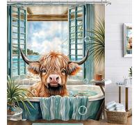 Famiffty Summer Highland Cow Shower Curtain 60Wx72L Inch Farmhouse Funny Bull Rustic Farm Animal Ocean Calf in Bathtub Sea Beach View Scenes Cute Bathroom Accessories Decor Waterproof Fabric 12 Hooks