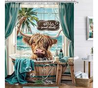 Famiffty Summer Highland Cow Shower Curtain 60Wx72L Inch Fun Ocean View Scenes Teal Blue Hawaii Palm Leaves Coastal Cute Bull Bathroom Accessories Decor Bubbles Waterproof Polyester Fabric 12 Hook