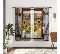 Famiffty Sunflower Vintage Country Kitchen Curtains 29W X 63L Inches 2 Panels Rod Pocket-Brown Old Barn Door Butterfly Short Cafe Tier Curtains-Wood Floral Bathroom Window Drapes Treatment Home Decor