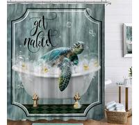 Famiffty Teal Green Sea Turtle Shower Curtain 60Wx72L Inch Funny Ocean Vintage Get Naked Tortoise Bathtub Bubbles Yellow Duck Vintage Wood Bathroom Accessories Decor Waterproof Fabric 12 Plastic Hooks