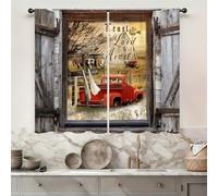 Famiffty Vintage Red Truck Vibes Kitchen Curtains 27.5W X 39L Inch Farmhouse Old Barn Door Small Short Cafe Curtains Retro Country Rustic Window Bathroom Home Decor Drapes 2 Panels Rod Pocket