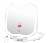 Famihomii 10X Magnification Rechargeable Travel Makeup Mirror, Lighted Portable Vanity Mirror with 3 Colors Lighting & Stepless Dimming, Double Sided LED Mirror, Gift for Women