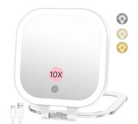 Famihomii 10X Magnification Rechargeable Travel Makeup Mirror, Lighted Portable Vanity Mirror with 3 Colors Lighting & Stepless Dimming, Double Sided LED Mirror, Gift for Women