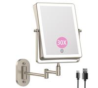 Famihomii 8.7 Inch Large Size Rechargeable Wall Mounted Makeup Mirror, Bathroom Lighted Rectangle Double Sided 1X 30X Magnifying, 3 Color Lighting, Extended Arm 360° Swivel Foldable Light Up Mirror