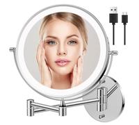 Famihomii Rechargeable Wall Mounted Makeup Mirror with Lights, 1X10X Wall Mount Lighted Magnifying Mirror,Double Sided for Bathroom,3 Color Lights,Touch Dimmable, Extended Arm 360 Rotation