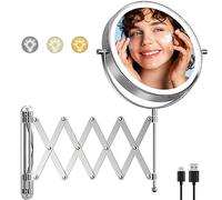 Famihomii Wall Mounted Bathroom Makeup Mirror with Lights, Rechargeable 8 Inch 1X/10X Double Sided Magnifying Mirror with 360° Swivel Bathroom Extendable Arm, Telescoping Mesh Shaving Mirror - Chrome