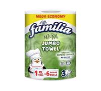 Familia Plus Jumbo Kitchen Roll - 3 Ply Jumbo Natural Paper Towel - 60 Meter Long Kitchen Roll, 480 Sheets/roll