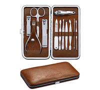 FAMILIFE Manicure Pedicure Kit Professional Nail Clippers Set Men and Women 12 Pieces Grooming Kit with Luxurious Leather Travel Case (D-Brown)