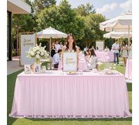 familus 6ft Pink Table Cloths for Rectangle Tables, Stretch Fitted Tulle Table Skirt, Rectangular Ruffle Tutu Tablecloth for Craft Fairs, Banquets & Trade Show Display