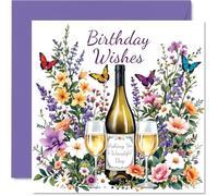 Family Birthday Card - Flowers & Wine - Happy Birthday Card for Family from Colleague Friends, 145mm Flowers & Wine Bday Greeting Cards