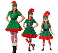 Family Christmas Elf Costume Set for Girls Boys Men Women Santa's Helper Cosplay Sets Fancy Dress Short Sleeve Dress Pants Over the Kneel with Hat Belt and Socks Christmas Elf Outfit for Holiday Party
