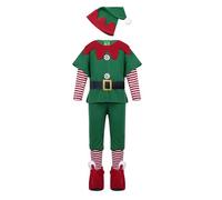 Family Christmas Elf Costume Set for Girls Boys Men Women Santa's Helper Cosplay Sets Fancy Dress Short Sleeve Dress Pants Over the Kneel with Hat Belt and Socks Christmas Elf Outfit for Holiday Party