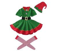 Family Christmas Elf Costume Set for Girls Boys Men Women Santa's Helper Cosplay Sets Fancy Dress Short Sleeve Dress Pants Over the Kneel with Hat Belt and Socks Christmas Elf Outfit for Holiday Party