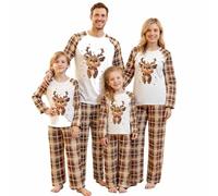 Family Christmas Pyjamas Set Reindeer Long Sleeve T-Shirt Top and Plaid Pants Matching Christmas Pajamas for Family Women Men Kids Baby Xmas Pjs Jammies Sleepwear Set (Baby, 6-9 Months, A-Light Brown)