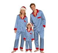 Family Christmas Pyjamas Set Silk Satin Sleepwear Womens Men Matching Christmas Pyjamas Shirt and Pants Family Christmas Pjs for Dad Mom Kids Soft Nightwear Loungewear (Light Blue #4, S)