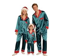 Family Christmas Pyjamas Set Silk Satin Sleepwear Womens Men Matching Christmas Pyjamas Shirt and Pants Family Christmas Pjs for Dad Mom Kids Soft Nightwear Loungewear (Navy #1, 140)