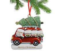 Family Christmas Tree Pendant, Family of 4 Christmas Ornaments | Flat Wooden Ornament Happy Family in Car | Santa Claus Snowman in a Red Car with a Christmas Tree Green Bri