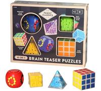 Family Classics 4-in-1 Brain Teaser Puzzles Set, Ages 8+, Rotating Bead Barrel, Ball Maze, Pyramid Maze, Cube Puzzle