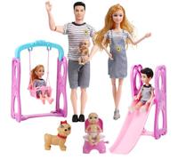 Family Doll Set for 6 People with Pregnant Mom, Dad, 3 Kids, and Baby in Tummy, Includes Slide, Swing, and Dog