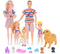 Family Dolls Set of 6 People with Dollhouse Dog Pets and Accessories Included 11.5 Inch Pregnant Mum, Dad, 3 Children and One Baby in Mama's Belly for 3-12 Years Toddlers Gift