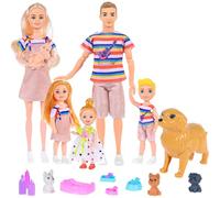 Family Dolls Set of 6 People with Dollhouse Dog Pets and Accessories Included 11.5 Inch Pregnant Mum, Dad, 3 Children and One Baby in Mama's Belly for 3-12 Years Toddlers Gift