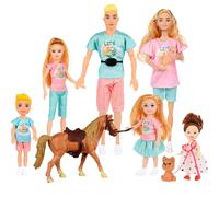 Family Dolls Set of 7 People Include Pregnant Mom Dad 4 Kids, a Small Baby in Mommy's Tummy,a Puppy Dog and a Little Horse, Doll Playsets and Accessories for 3-12 Years Old Toddlers Gift