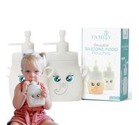 FAMILY FRUITS 2 Pack Reusable Silicone Pouches for Toddlers, Elephant Design, Easy to Clean, Leak Resistant, BPA Free, Microwave Safe, Self Seal, Molded, 2 Count, Pink, Grey, Blue