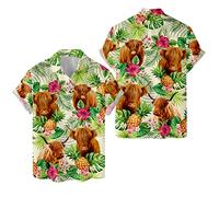 Family Gifts Kingdom Tropical Cow Hawaiian Shirts for Men Women, Flower Cow Farm Button Down Short Sleeve Mens Hawaiian Shirt, Highland 3, Large