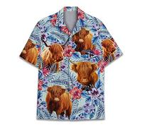Family Gifts Kingdom Tropical Cow Hawaiian Shirts for Men Women, Flower Cow Farm Button Down Short Sleeve Mens Hawaiian Shirt, Highland 4, XXXXL