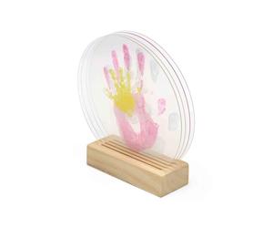 Family Handprint Kit Acrylic with Transparent Acrylic Discs and Wooden Stand, Decorative Set for Family Handprints, Modern Keepsake for Creating Shared Moments