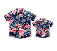 Family Hawaiian Shirts Father and Son Matching Beachwear Tropical Floral Leaves Print Tops Mens Summer Aloha Button Down Short Sleeve Shirt Adult Kids Boy Daddy Baby Tee Dark Blue + Red Flower L