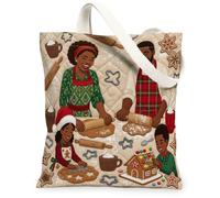 Family Holiday Baking Gingerbread Biscuit Canvas Tote Bag 13x15 Inch | Quilted Texture, Family Baking Theme, Festive Aprons, Hot Cocoa Mugs, Holiday Biscuits Cutters