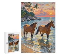 Family Jigsaw Puzzle, 1000 PCS, with Horses in The Ocean at Sunset Artwork, A Creative Way to Unwind after A Busy Day, for Family Nights