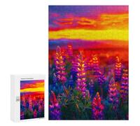 Family Jigsaw Puzzle, 300 PCS, with Lupine Field at Sunset Artwork, An Absorbing Project for Relaxed Weekends, for Family Nights