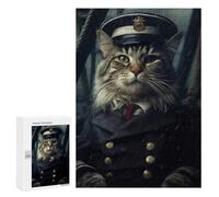 Family Jigsaw Puzzle, 300 PCS, with Navy Captain Syberian Cat Artwork, A Rewarding Pastime for Dedicated Jigsaw Fans, for Quiet Evenings