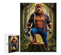 Family Jigsaw Puzzle, 500 PCS, with Anthropomorphic Beaver Lumberjack in Forest Artwork, An Absorbing Project for Relaxed Weekends, for Indoor Play