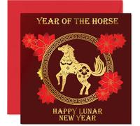 Family Lunar/Chienese New Year Cards for Women Men - Horse - Golden Happy Lunar New Year Gift To All The family Sister Brother Cousin Uncle Auntie, 145mm x 145mm Gold Greeting Cards
