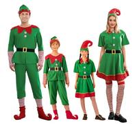 Family Matching Christmas Elf Costumes Women Men Kids Elf Cosplay Costume Santa Dress+ Pants+Leg Warmer+Hat+ Belt Xmas Holiday Party Dress Up Outfit (Women, M)