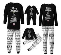 Family Matching Christmas Pajamas, Christmas Family Pajamas Matching Sets 2025 Xmas Tree Fireworks Print Top and Striped Pants Holiday Home Sleepwear Pyjama Loungewear Set Jammies Black