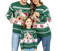 Family Matching Christmas Sweater Reindeer Snowflakes Print Ugly Sweater Long Sleeve Pullover Knitwear Jumper Top (Men, S, Style C-Green)