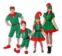 Family Matching Elf Costumes Christmas Outfits for Adults and Kids Holiday Party Cosplay Set with Hat and Striped Socks