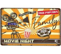 Family Movie Night Tin Sign - Vintage Retro Metal Wall Decor for Home Theater, Bedroom, Game Room, or Bar - Classic Cinema Popcorn Poster with Camera & Film Design 8"x12"