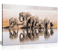 Family Of African Elephants Drinking At A Waterhole Canvas Wall Art Picture Print (36x24)