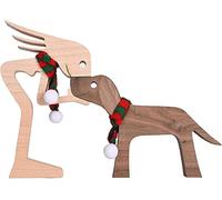 Family Puppy Wooden Carving Ornaments, Natural Solid Wood Pet Dog Family Crafts Sculpture, Hand-carved Figure Creative Gifts for Home Office Desktop (Women and Dog Scarf)