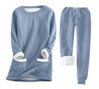 family pyjamas set mens loungewear sets Pyjamas for Women 2 Piece Pyjamas Sets Warm Soft Fleece Pajamas With Pockets Winter Long Sleeve Crewneck Tunic Tops And Wide womens pajama set Blue