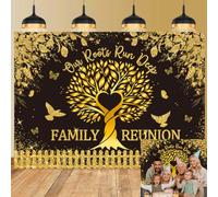 Family Reunion Backdrop Glitter Black Gold Family Tree Leaves Photography Background Home Gathering Party Decorations Banner Photo Booth Props (8x6FT（240x180cm）)
