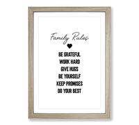 Family Rules Typography Framed Print | A2 Oak Framed Wall Art | Ready to Hang | Modern Positive Affirmations Picture | Living Room Bedroom Lounge Office