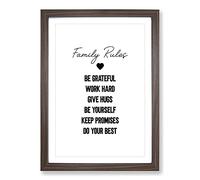 Family Rules Typography Framed Print | A2 Walnut Framed Wall Art | Ready to Hang | Modern Positive Affirmations Picture | Living Room Bedroom Lounge Office