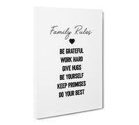 Family Rules Typography Quote Canvas Print | Gallery Wrapped 30mm Frame Wall Art | 24x16 inches | Ready to Hang | Modern Typography Picture | Living Room Bedroom Lounge Office